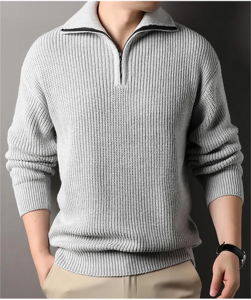 Casual Thickened Knitted Sweaters for Mens Cardigan Mock Neck Quarter Zip Long Sleeve Knitwear Warm Tops