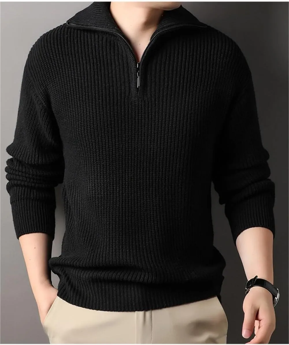 Casual Thickened Knitted Sweaters for Mens Cardigan Mock Neck Quarter Zip Long Sleeve Knitwear Warm Tops
