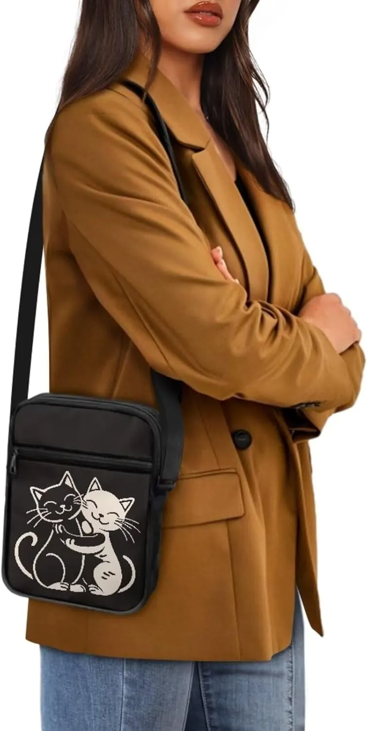 Cat Print Small Shoulder Bags Kawaii Cross Body Bag for Women Ladies with Zipper Pockets