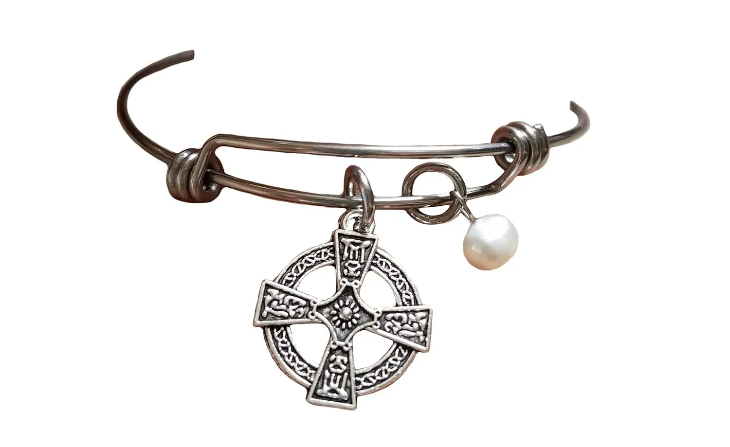 Celtic Cross Pearl Handmade Bracelet on a Stainless Steel Expandable Bangle