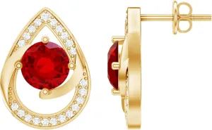 Certified 6 mm Lab Grown Ruby Stud Earrings For Women, Aaaa Quality, Ruby Diamond Teardrop Earrings - With Jewelry Box