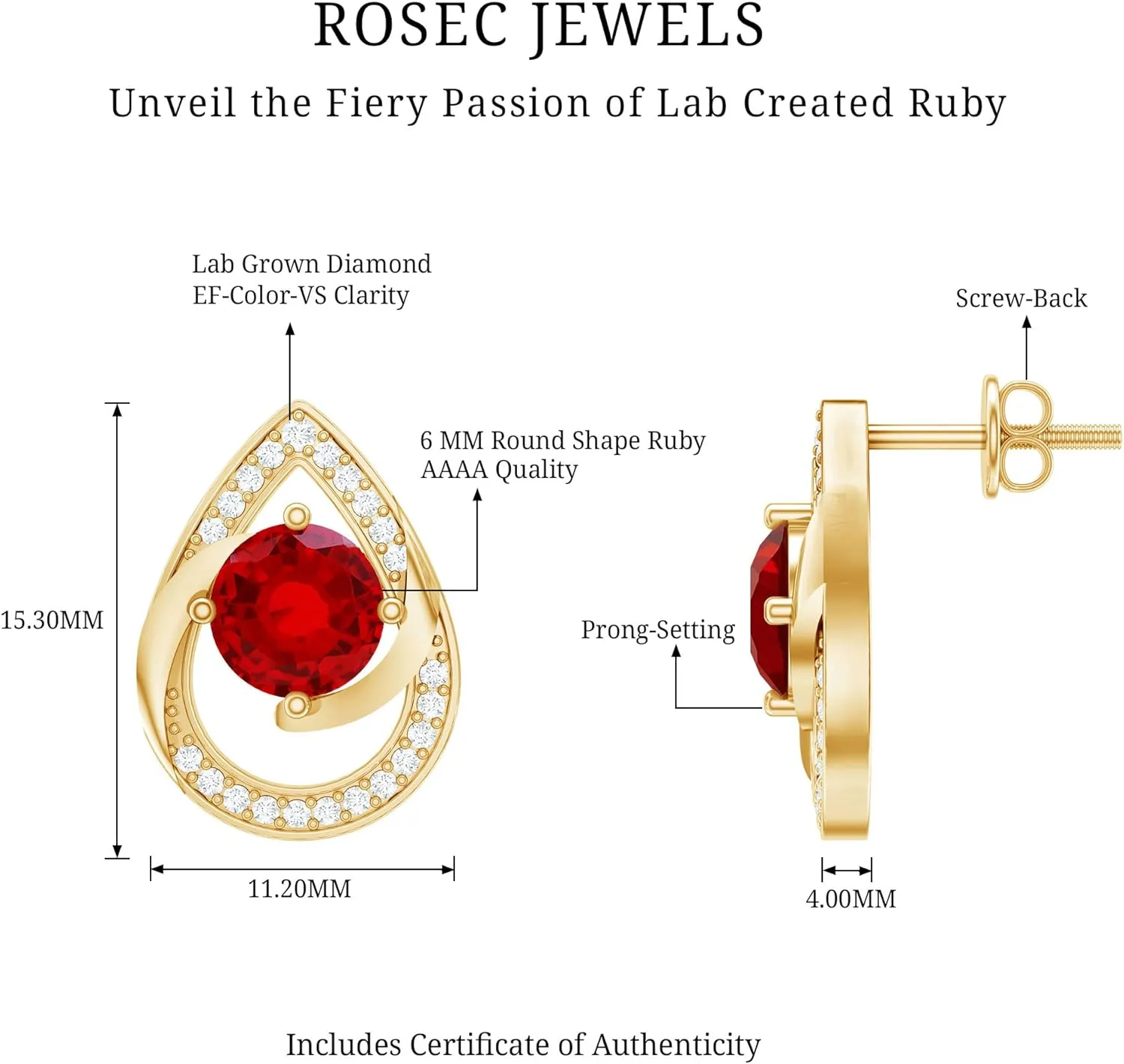 Certified 6 mm Lab Grown Ruby Stud Earrings For Women, Aaaa Quality, Ruby Diamond Teardrop Earrings - With Jewelry Box