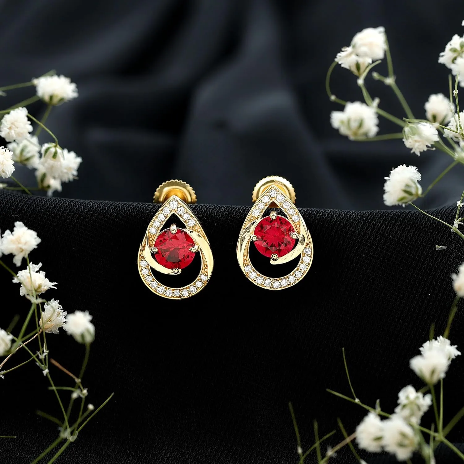Certified 6 mm Lab Grown Ruby Stud Earrings For Women, Aaaa Quality, Ruby Diamond Teardrop Earrings - With Jewelry Box