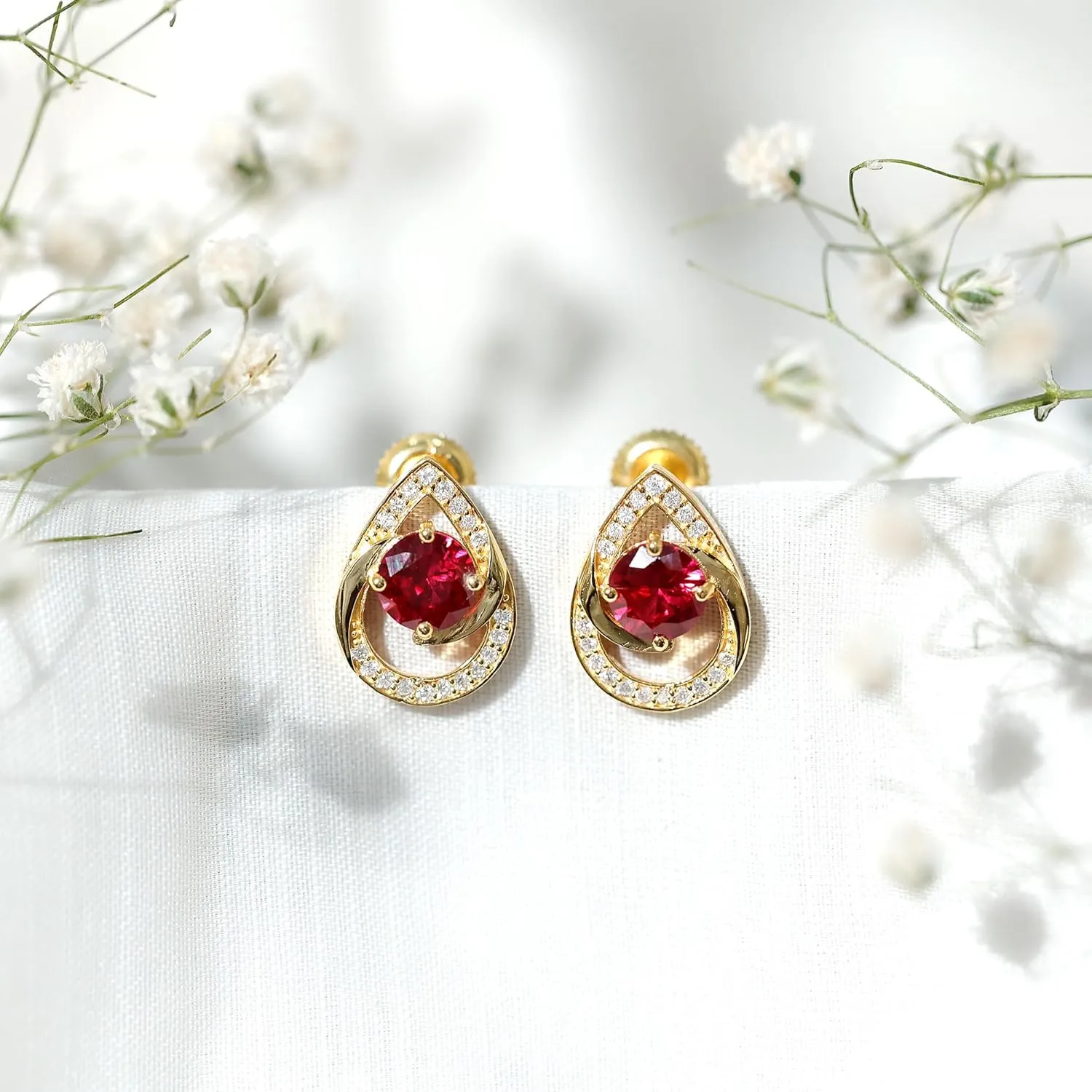 Certified 6 mm Lab Grown Ruby Stud Earrings For Women, Aaaa Quality, Ruby Diamond Teardrop Earrings - With Jewelry Box