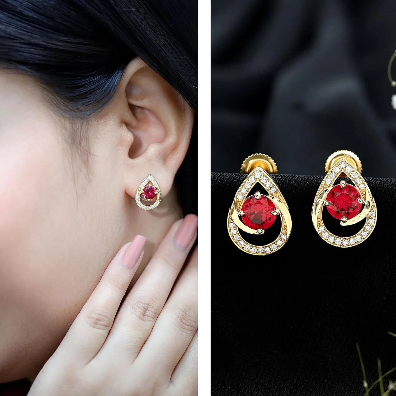 Certified 6 mm Lab Grown Ruby Stud Earrings For Women, Aaaa Quality, Ruby Diamond Teardrop Earrings - With Jewelry Box
