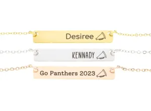 Cheer Squad Gift Bar Necklace - Megaphone Custom Name, Number, Date - Engraved 38 x 6 MM Silver Rose Gold - Cheerleader Jewelry - DGR-STBR