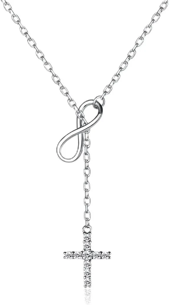 ChicSilver 925 Sterling Silver CZ Infinity Cross Religious Pendant Y Shaped Lariat Style Necklace for Women 16