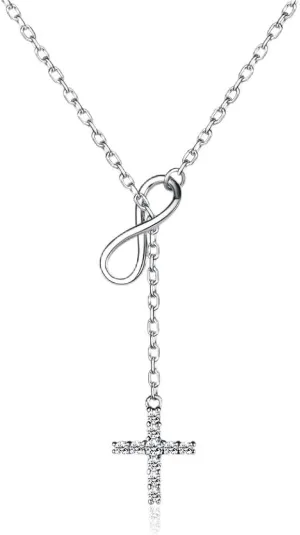 ChicSilver 925 Sterling Silver CZ Infinity Cross Religious Pendant Y Shaped Lariat Style Necklace for Women 16