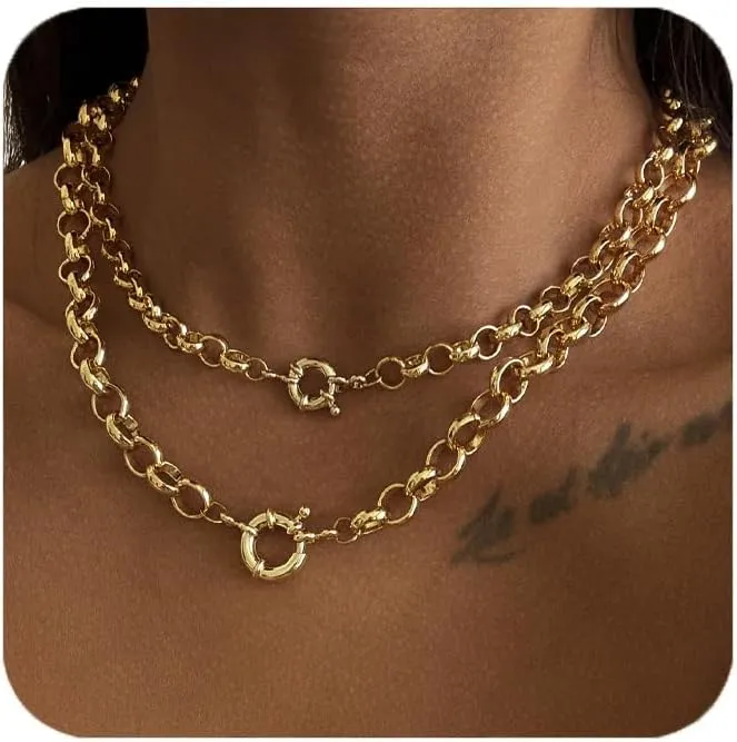 Chunky Gold Necklace for Women, 18K Chunky Layered Choker Necklaces Thick Layering Herringbone Paperclip Necklace Stacks Toggle Necklaces for Women Men Jewelry Gifts (Gold)