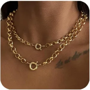 Chunky Gold Necklace for Women, 18K Chunky Layered Choker Necklaces Thick Layering Herringbone Paperclip Necklace Stacks Toggle Necklaces for Women Men Jewelry Gifts (Gold)