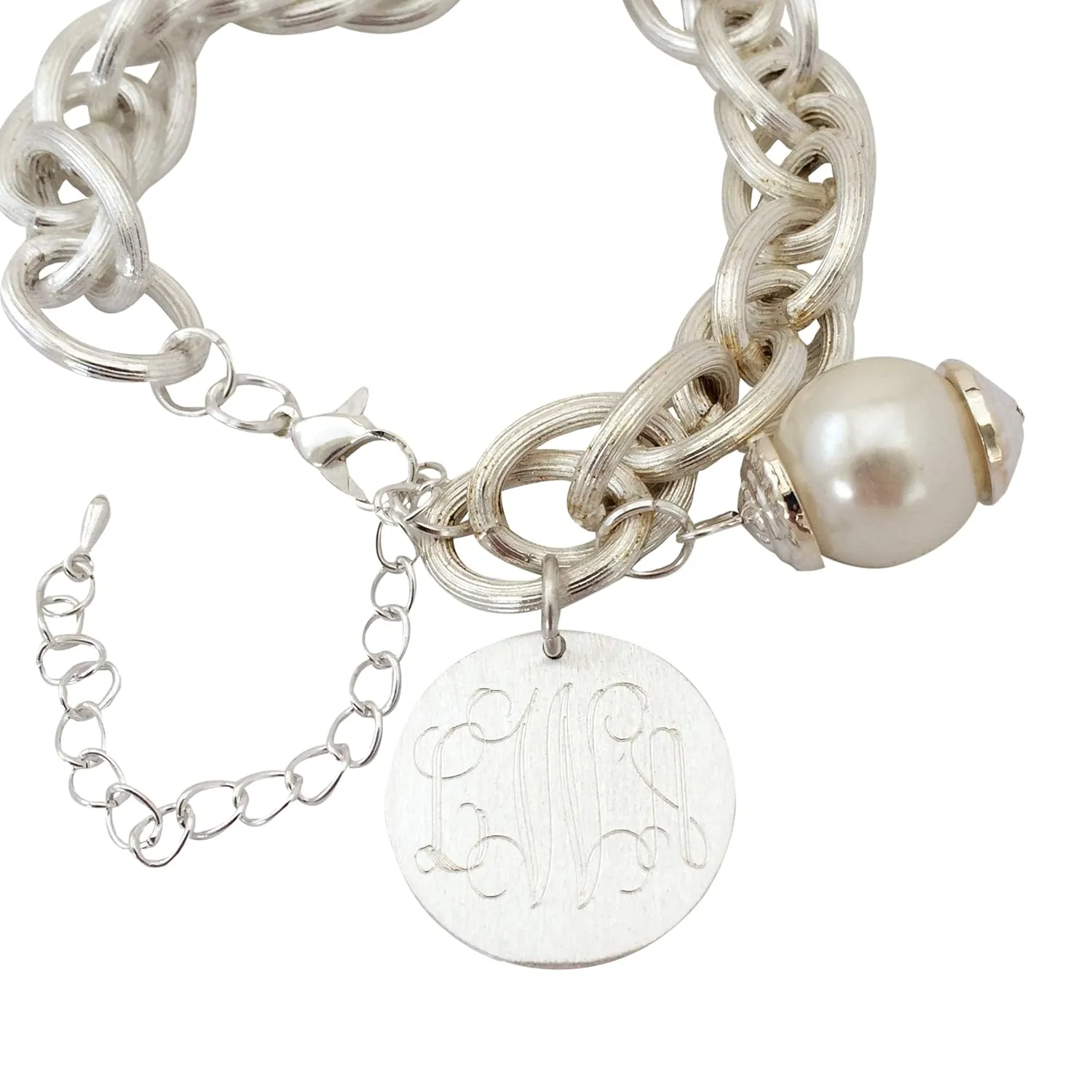 Chunky Silver Tone Chain Bracelet Bead Bracelet with Monogrma Disc And Bead Accent