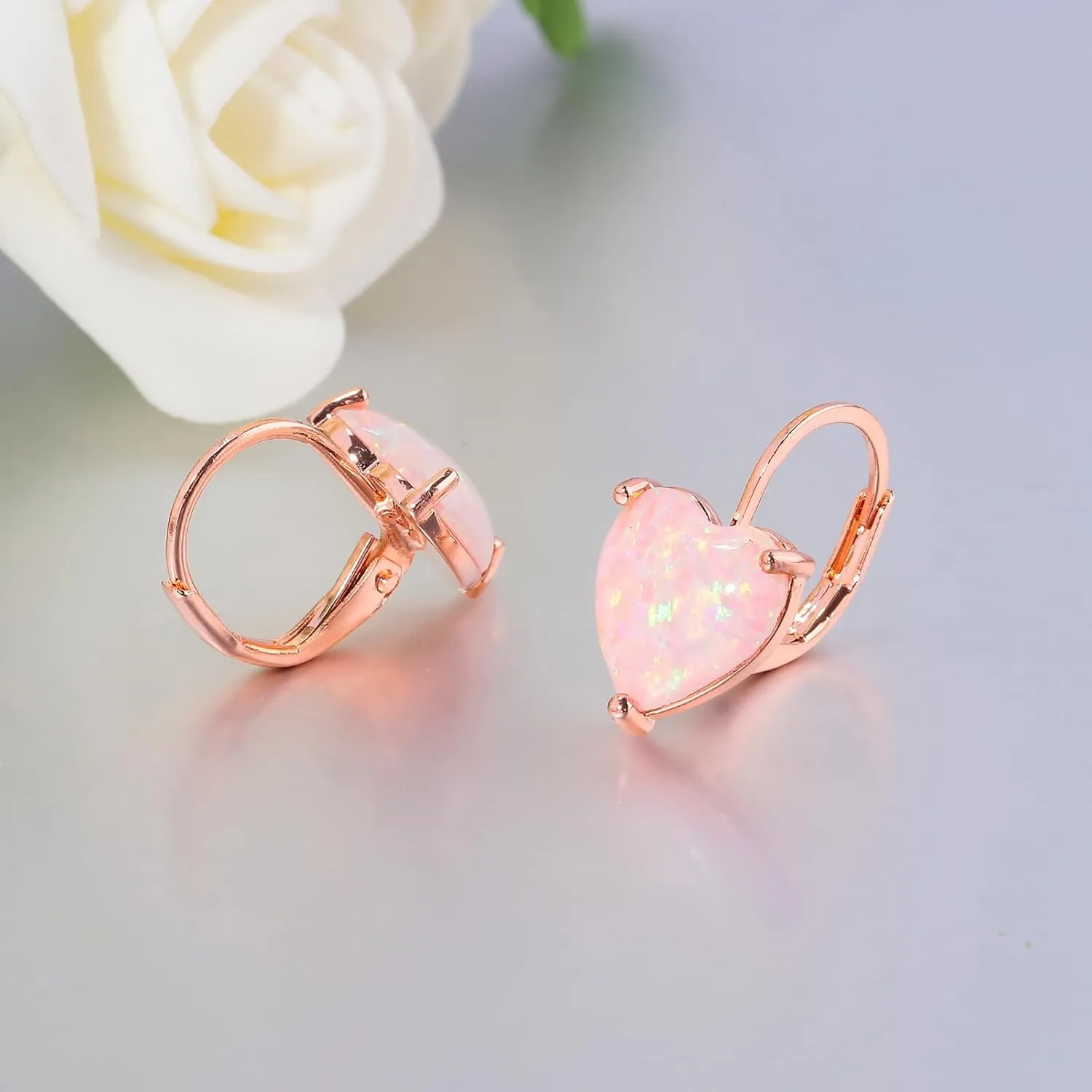 CiNily Heart Opal Earrings Short Leverback Drop Earrings for Women Hypoallergenic, Pendant Earrings 14K White Gold / Rose Gold Plated Hanging Lever Earrings Opal Hoops Fashion Jewelry Gifts for Sensitive Ears