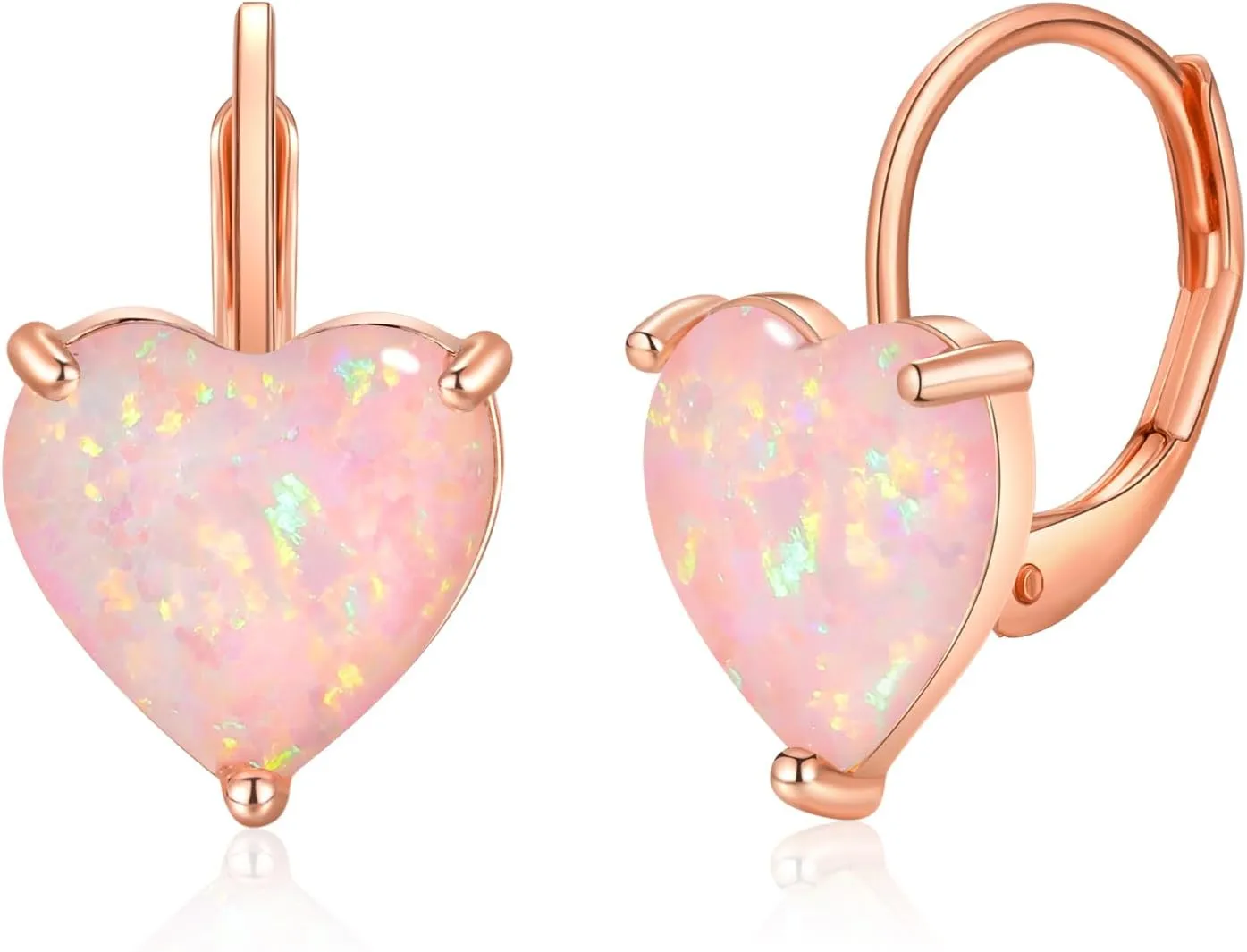 CiNily Heart Opal Earrings Short Leverback Drop Earrings for Women Hypoallergenic, Pendant Earrings 14K White Gold / Rose Gold Plated Hanging Lever Earrings Opal Hoops Fashion Jewelry Gifts for Sensitive Ears