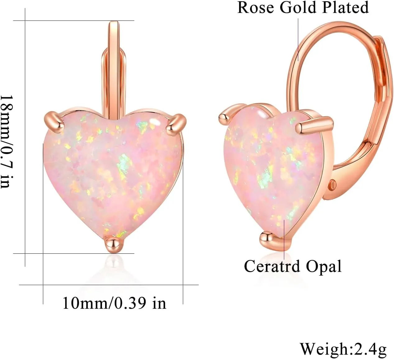CiNily Heart Opal Earrings Short Leverback Drop Earrings for Women Hypoallergenic, Pendant Earrings 14K White Gold / Rose Gold Plated Hanging Lever Earrings Opal Hoops Fashion Jewelry Gifts for Sensitive Ears