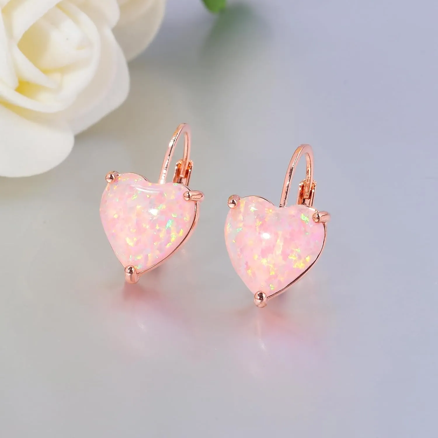 CiNily Heart Opal Earrings Short Leverback Drop Earrings for Women Hypoallergenic, Pendant Earrings 14K White Gold / Rose Gold Plated Hanging Lever Earrings Opal Hoops Fashion Jewelry Gifts for Sensitive Ears