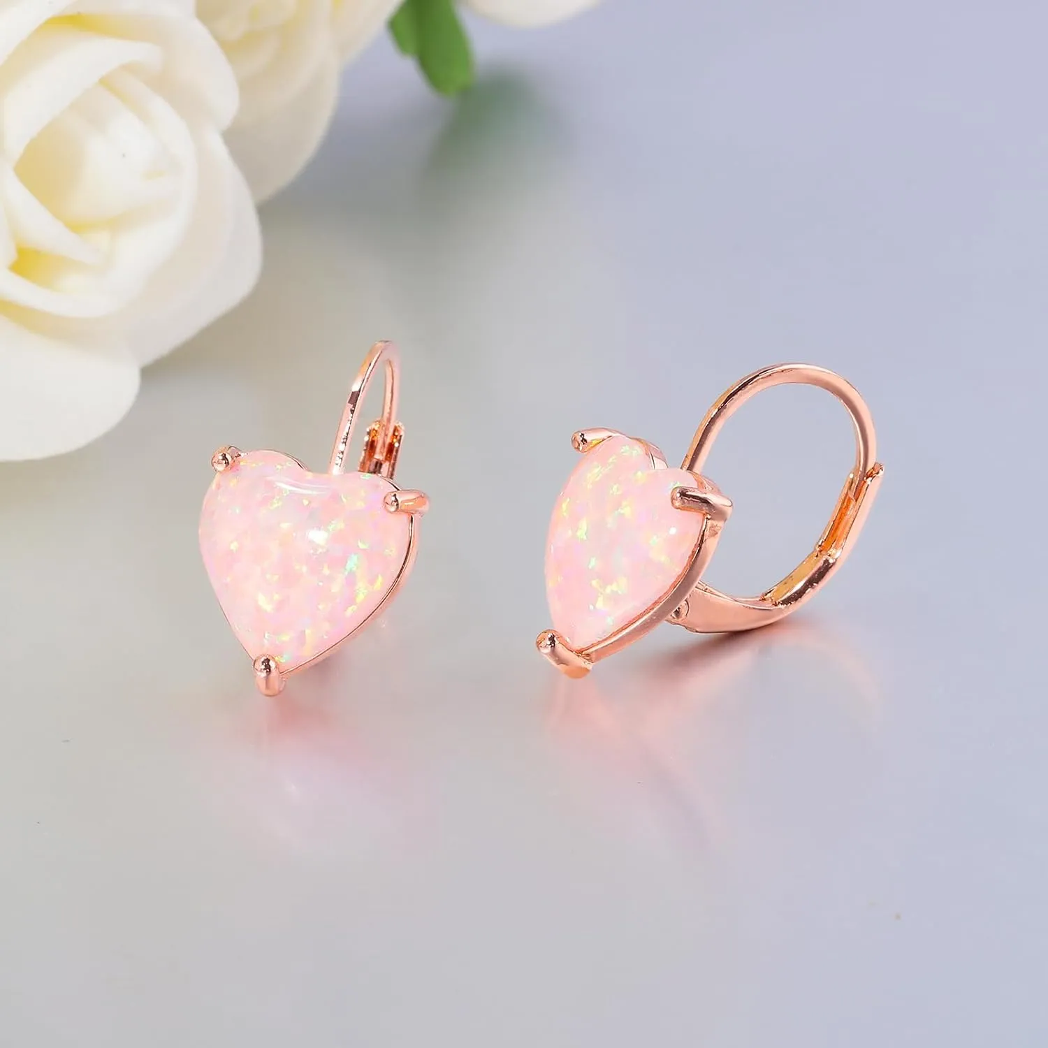 CiNily Heart Opal Earrings Short Leverback Drop Earrings for Women Hypoallergenic, Pendant Earrings 14K White Gold / Rose Gold Plated Hanging Lever Earrings Opal Hoops Fashion Jewelry Gifts for Sensitive Ears