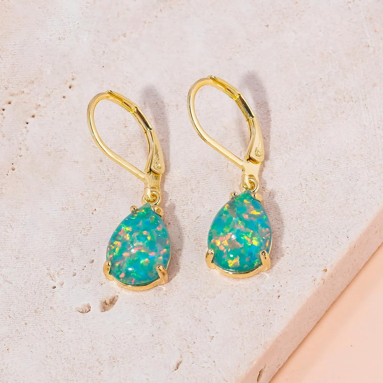CiNily Teardrop Leverback Dangle Earrings for Women Hypoallergenic Created Fire Opal Pendant Drop Earrings 14K White/Rose/Gold Hanging Lever Earrings Fashion Graduation Party Jewelry Gifts