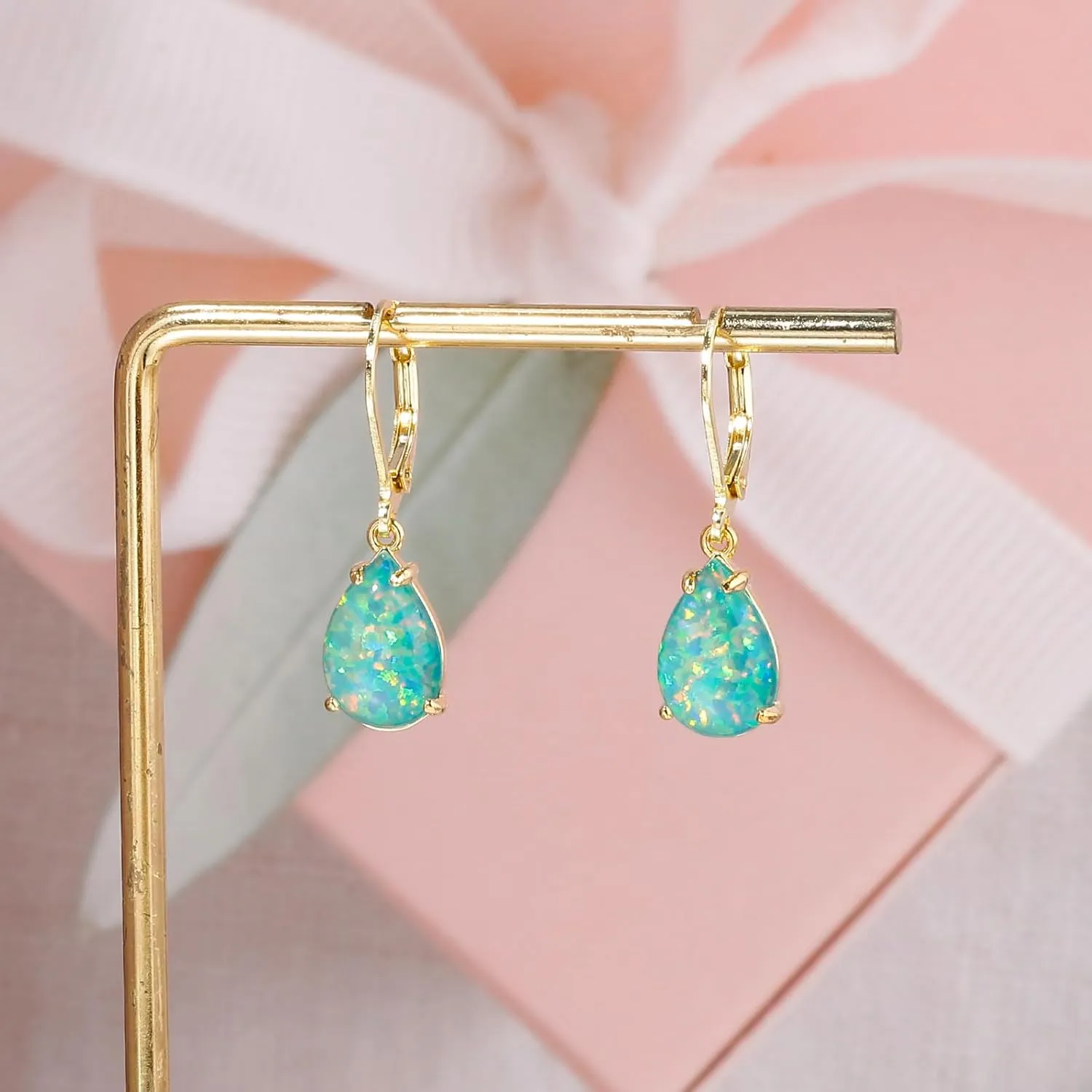 CiNily Teardrop Leverback Dangle Earrings for Women Hypoallergenic Created Fire Opal Pendant Drop Earrings 14K White/Rose/Gold Hanging Lever Earrings Fashion Graduation Party Jewelry Gifts