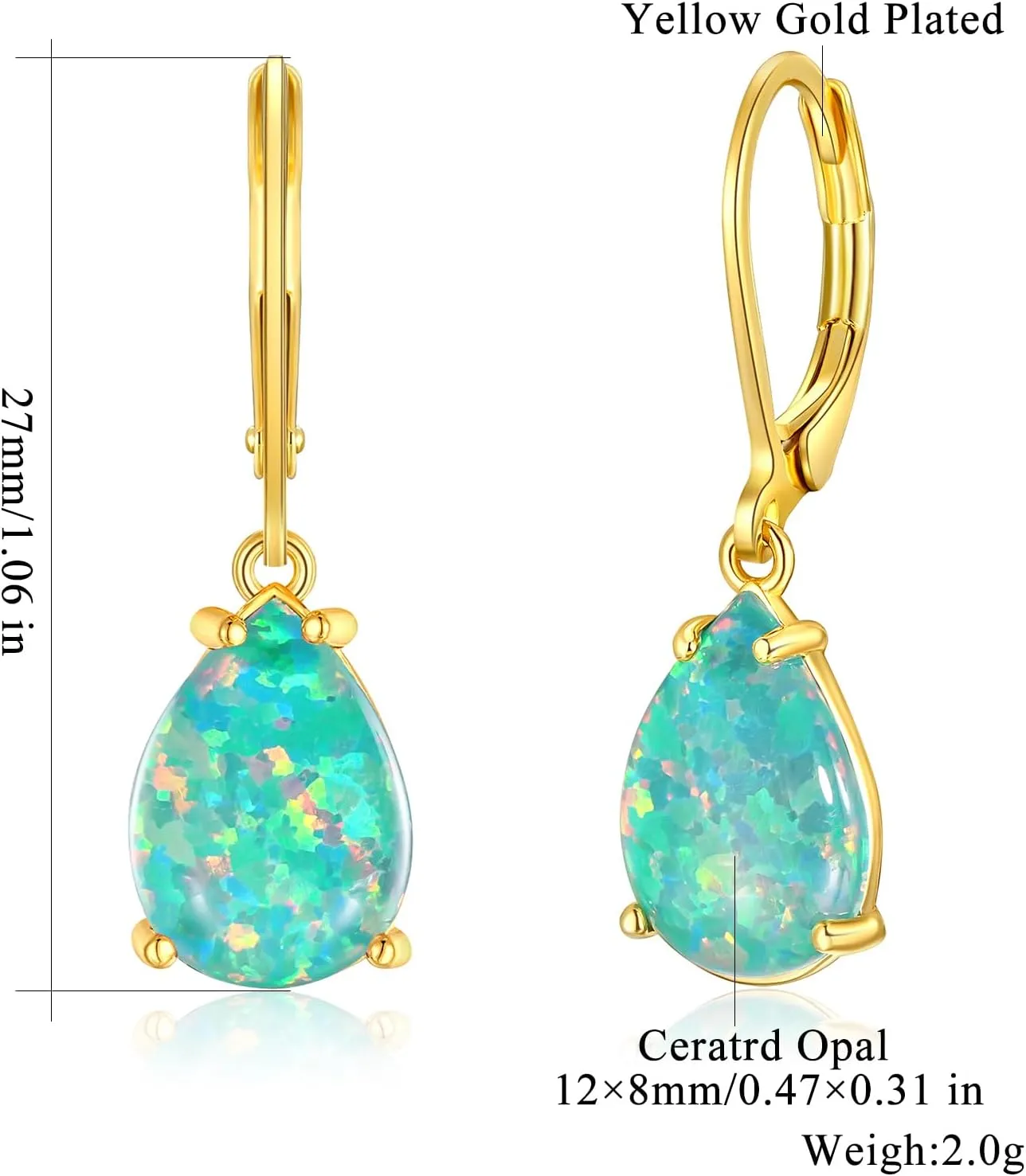 CiNily Teardrop Leverback Dangle Earrings for Women Hypoallergenic Created Fire Opal Pendant Drop Earrings 14K White/Rose/Gold Hanging Lever Earrings Fashion Graduation Party Jewelry Gifts