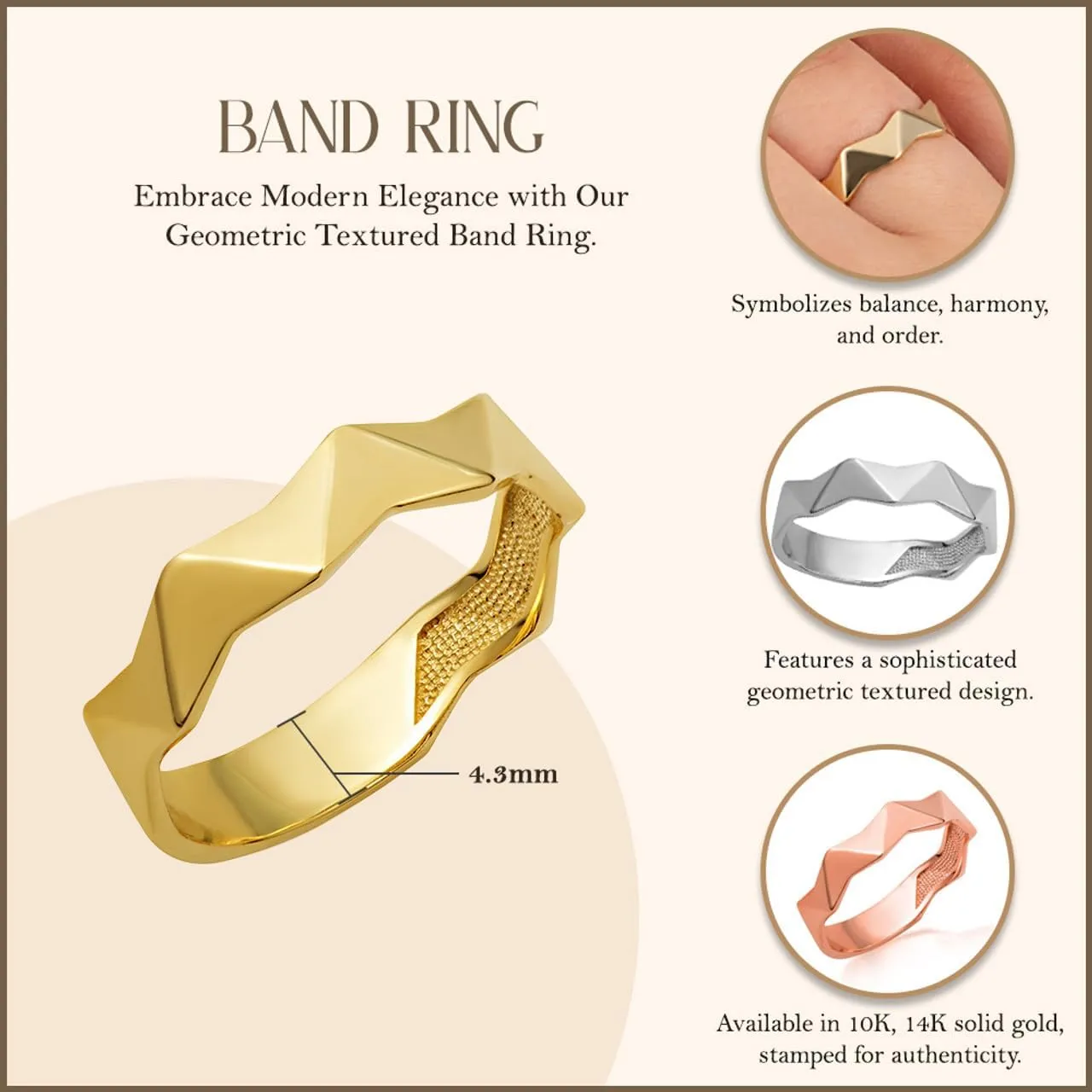 Claddagh Gold 10K &14K Gold Geometric Textured Band Ring Available In Yellow/Rose/White with Multiple Ring Size