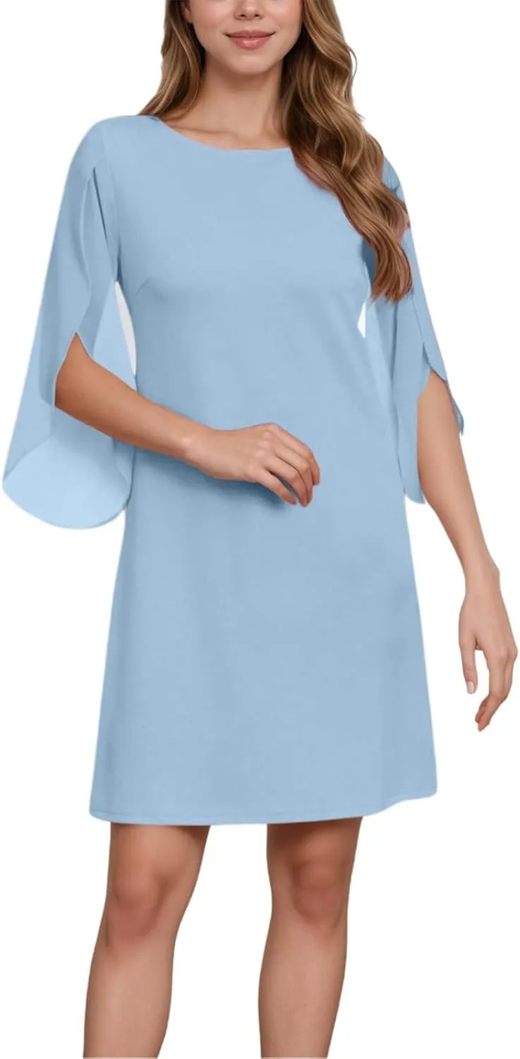 Cloak Sleeve Midi Dresses for Women Chiffon Crew Neck Flowy Elegant Summer Dress Casual Semi Formal Baggy Cape Dress