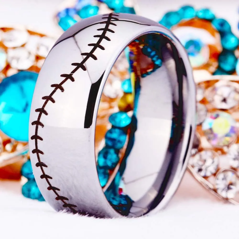 CLOUD DANCER Sports Ring -Symbology Baseball Engraved Ring 8mm Domed Tungsten Carbide Ring Wedding Ring and Engagement ring-Free Engraving Inside