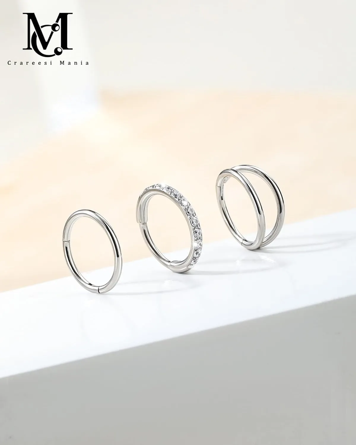 CM Crareesi Mania Nose Rings for Women 3PCS Nose Rings Hoops 316L Surgical Steel Double Hoop Nose Ring Septum Rings Earring Helix Daith Cartilage Tragus Conch Rook