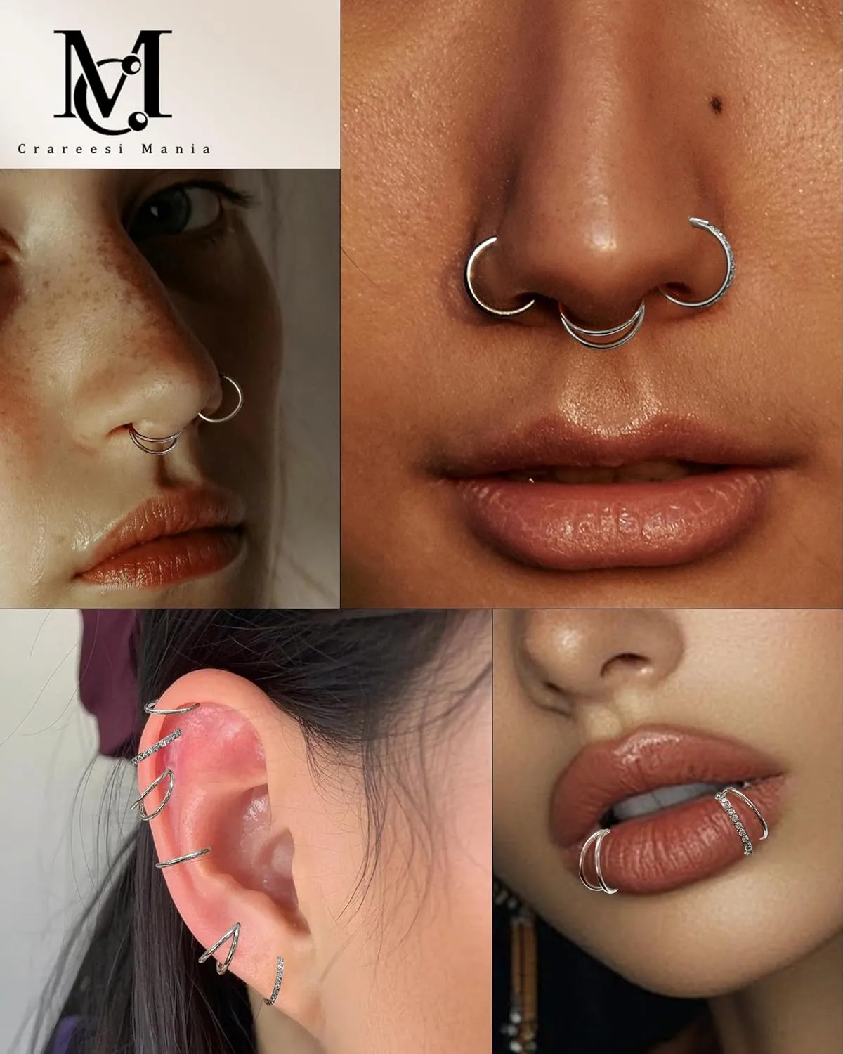CM Crareesi Mania Nose Rings for Women 3PCS Nose Rings Hoops 316L Surgical Steel Double Hoop Nose Ring Septum Rings Earring Helix Daith Cartilage Tragus Conch Rook