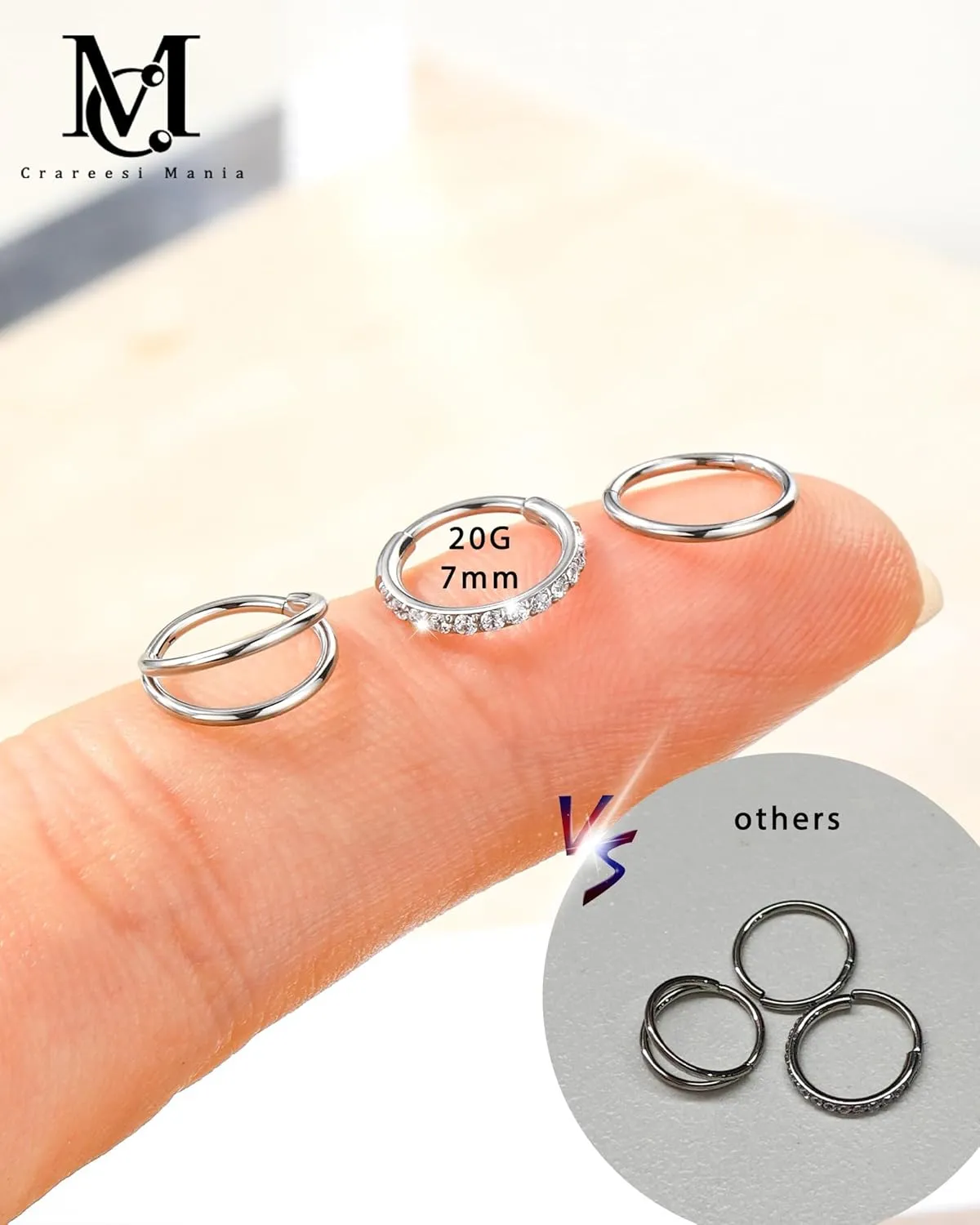 CM Crareesi Mania Nose Rings for Women 3PCS Nose Rings Hoops 316L Surgical Steel Double Hoop Nose Ring Septum Rings Earring Helix Daith Cartilage Tragus Conch Rook