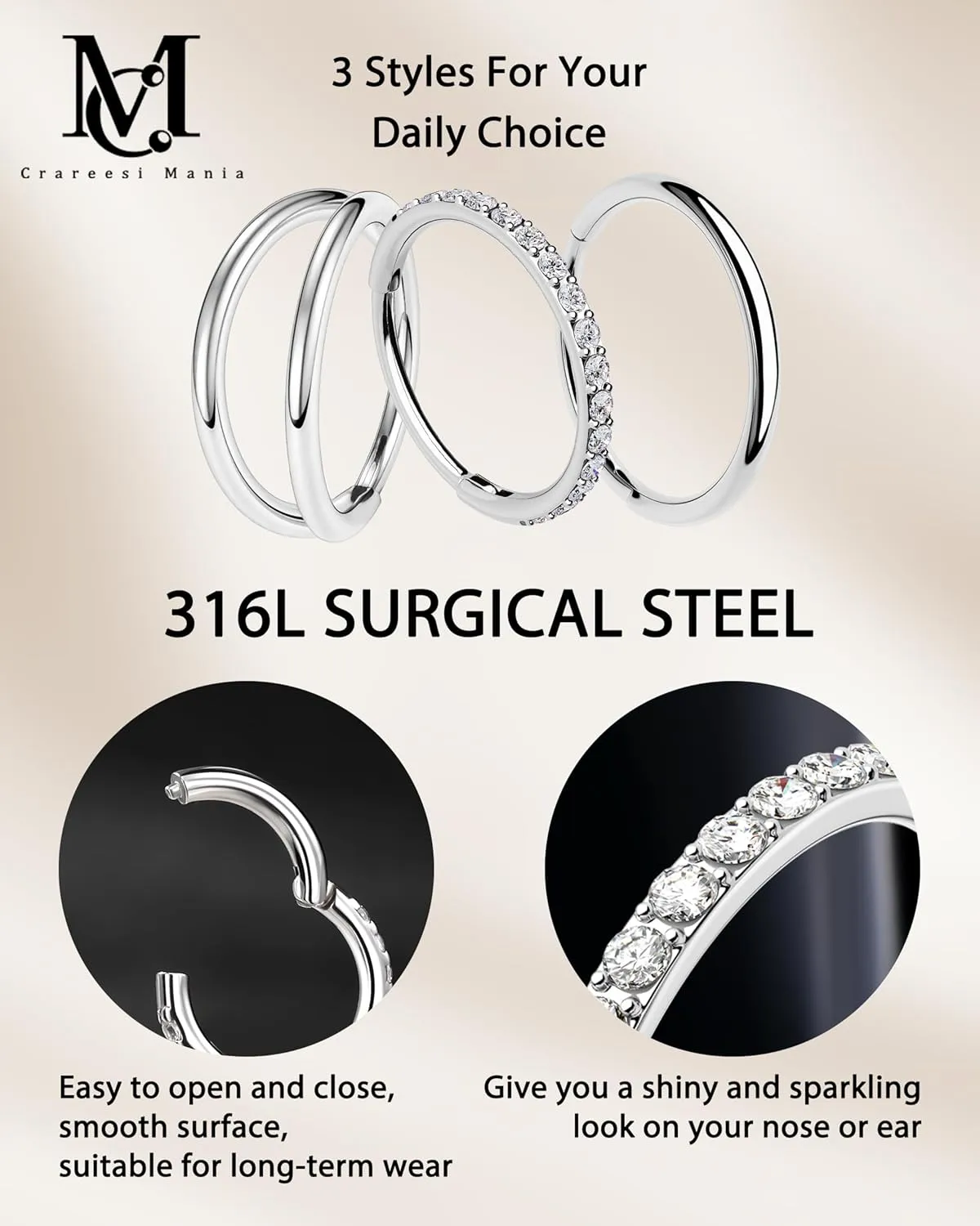 CM Crareesi Mania Nose Rings for Women 3PCS Nose Rings Hoops 316L Surgical Steel Double Hoop Nose Ring Septum Rings Earring Helix Daith Cartilage Tragus Conch Rook