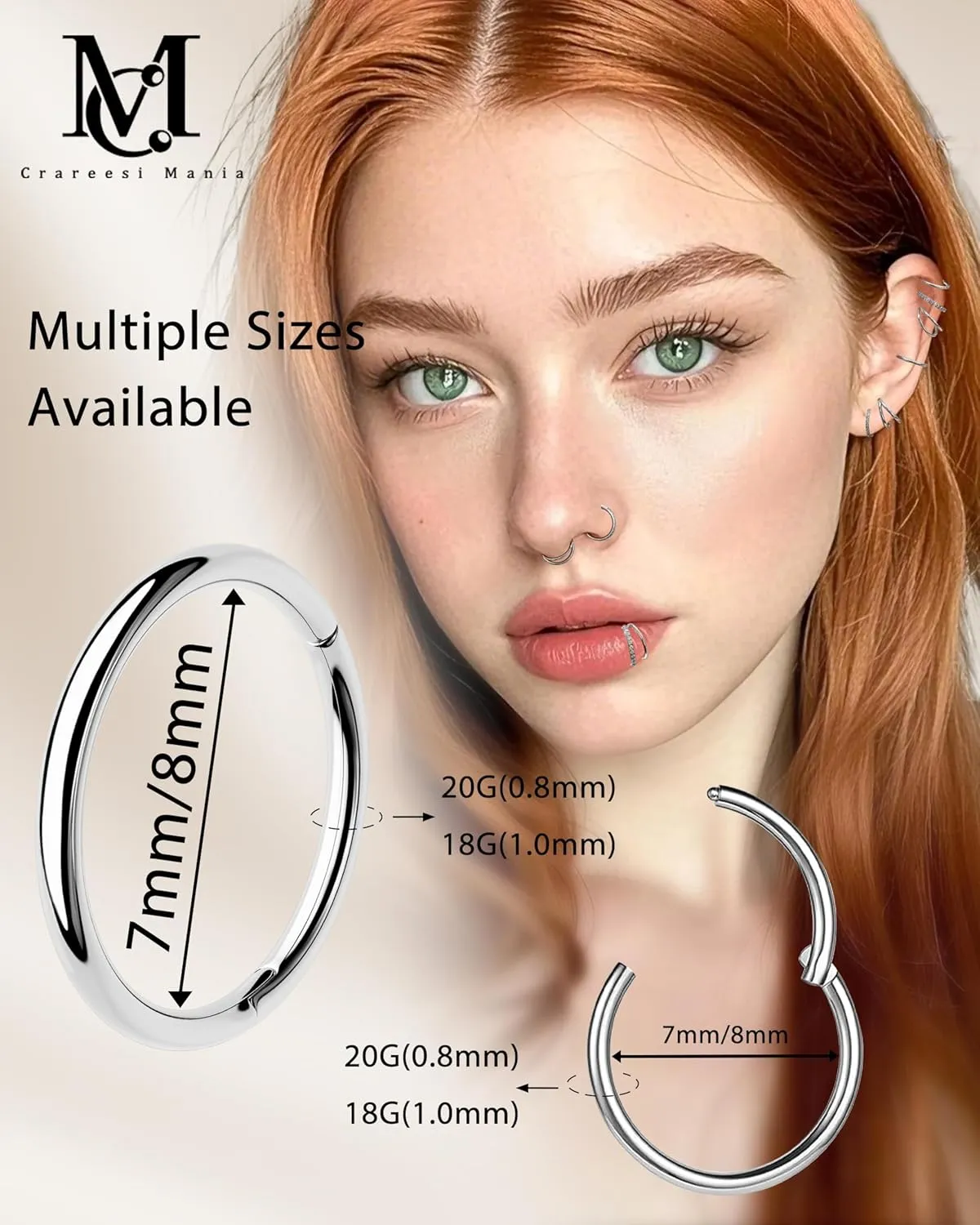 CM Crareesi Mania Nose Rings for Women 3PCS Nose Rings Hoops 316L Surgical Steel Double Hoop Nose Ring Septum Rings Earring Helix Daith Cartilage Tragus Conch Rook