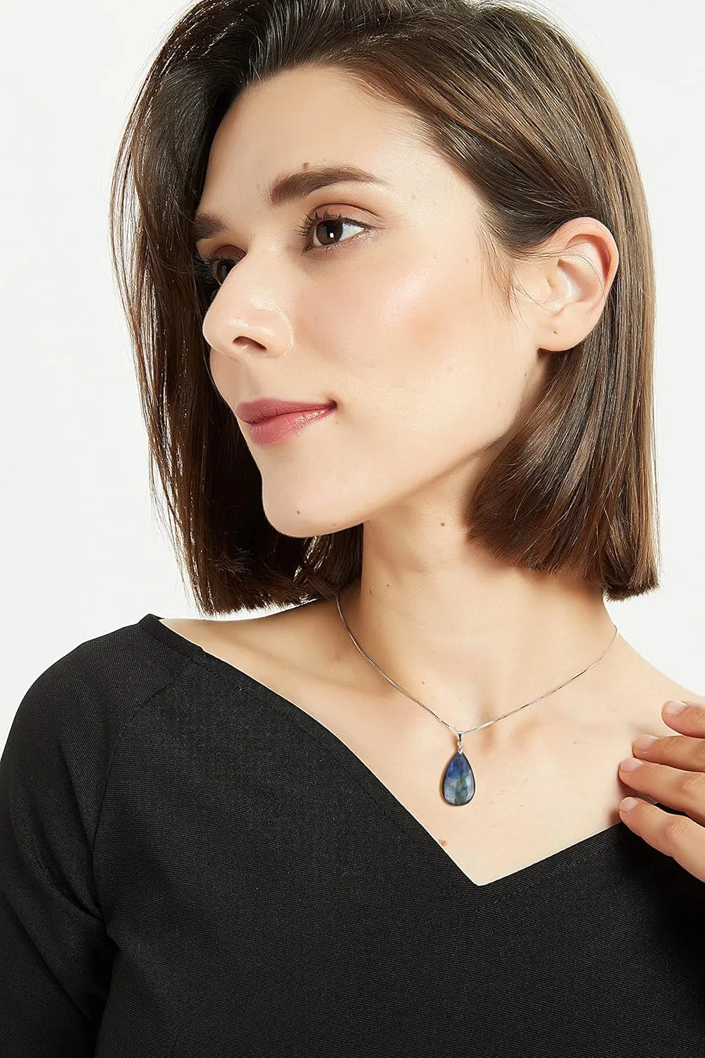 COAI 925 Sterling Silver Teardrop Gemstone Necklace for Women, Moonstone/Labradorite/Aquamarine/Apatite Crystal