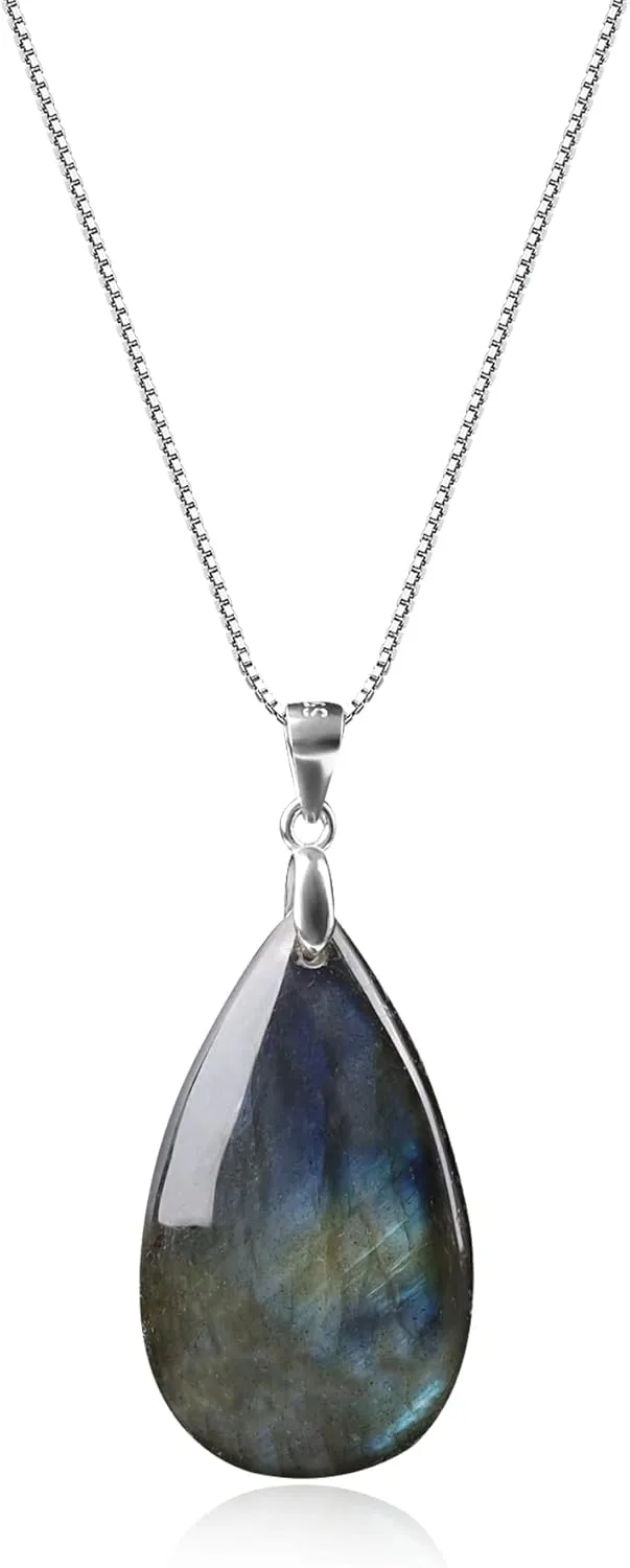 COAI 925 Sterling Silver Teardrop Gemstone Necklace for Women, Moonstone/Labradorite/Aquamarine/Apatite Crystal