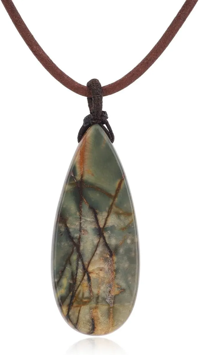 COAI Genuine Leather Necklace, Teardrop Picasso Jasper Crystal Necklace for Men Women