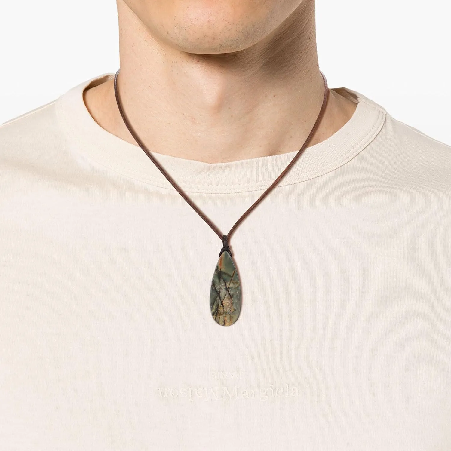 COAI Genuine Leather Necklace, Teardrop Picasso Jasper Crystal Necklace for Men Women