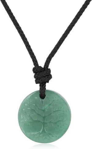 COAI Tree of Life Necklace Green Aventurine Pendant, Adjustable Nylon Cord/Leather Necklace for Men Women