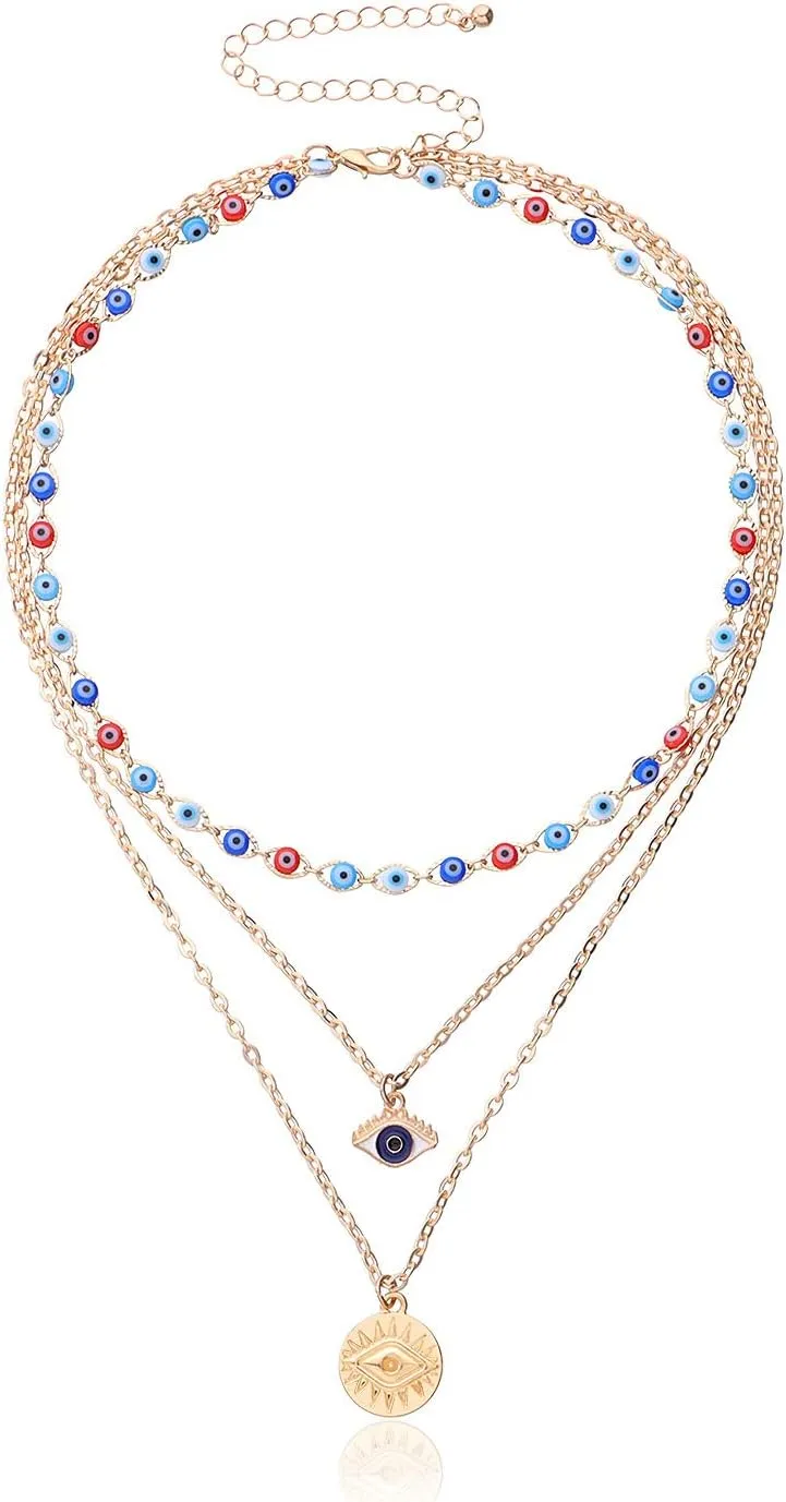COLORFUL BLING Evil Eye Necklace Gold Layered Necklace for Women Long Necklaces Gold Choker Necklaces Y Shape Pendant Necklace Multilayer BlueEye Necklace for Women