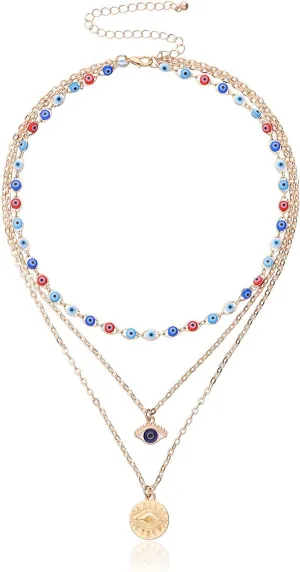 COLORFUL BLING Evil Eye Necklace Gold Layered Necklace for Women Long Necklaces Gold Choker Necklaces Y Shape Pendant Necklace Multilayer BlueEye Necklace for Women