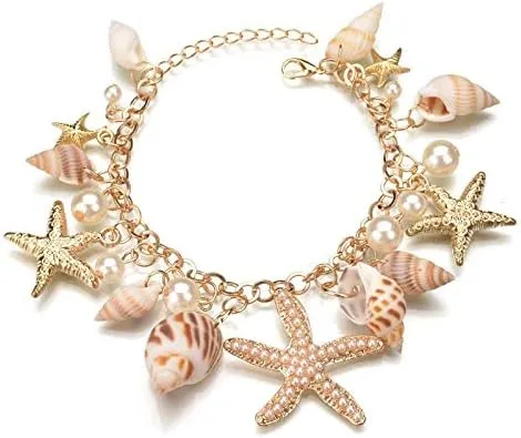 COLORFUL BLING Sea Shell Starfish Bracelets Pearl Charm Bracelets Beach Jewelry for Women