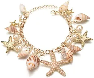 COLORFUL BLING Sea Shell Starfish Bracelets Pearl Charm Bracelets Beach Jewelry for Women