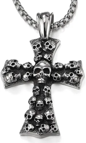 COOLSTEELANDBEYOND Mens Large Gothic Vintage Skulls Cross Pendant Necklace of Steel, Wheat Chain