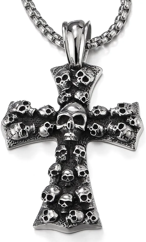 COOLSTEELANDBEYOND Mens Large Gothic Vintage Skulls Cross Pendant Necklace of Steel, Wheat Chain