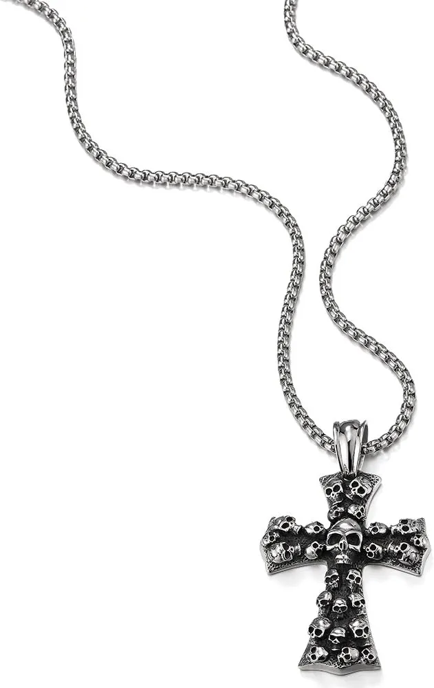 COOLSTEELANDBEYOND Mens Large Gothic Vintage Skulls Cross Pendant Necklace of Steel, Wheat Chain
