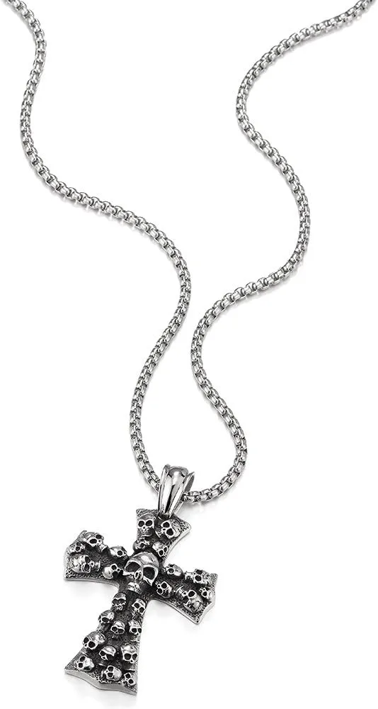 COOLSTEELANDBEYOND Mens Large Gothic Vintage Skulls Cross Pendant Necklace of Steel, Wheat Chain