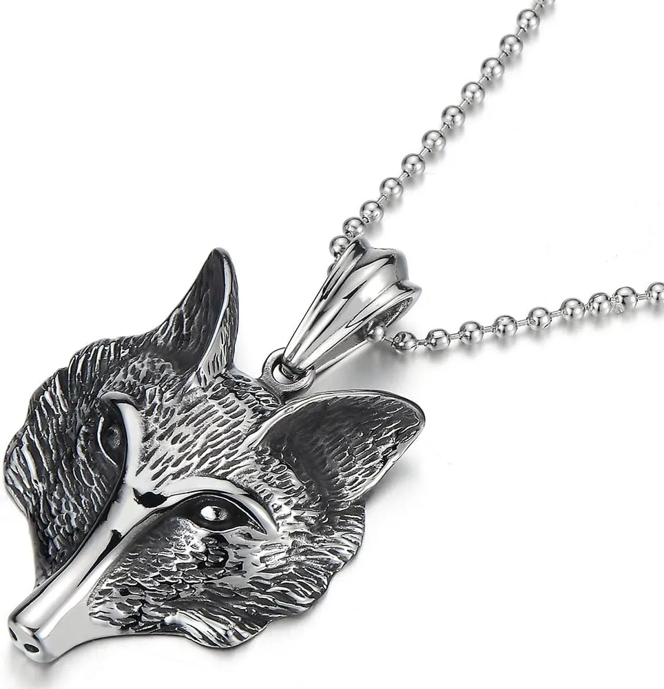 COOLSTEELANDBEYOND Stainless Steel Mens Fox Head Pendant Necklace with 30 inches Steel Ball Chain