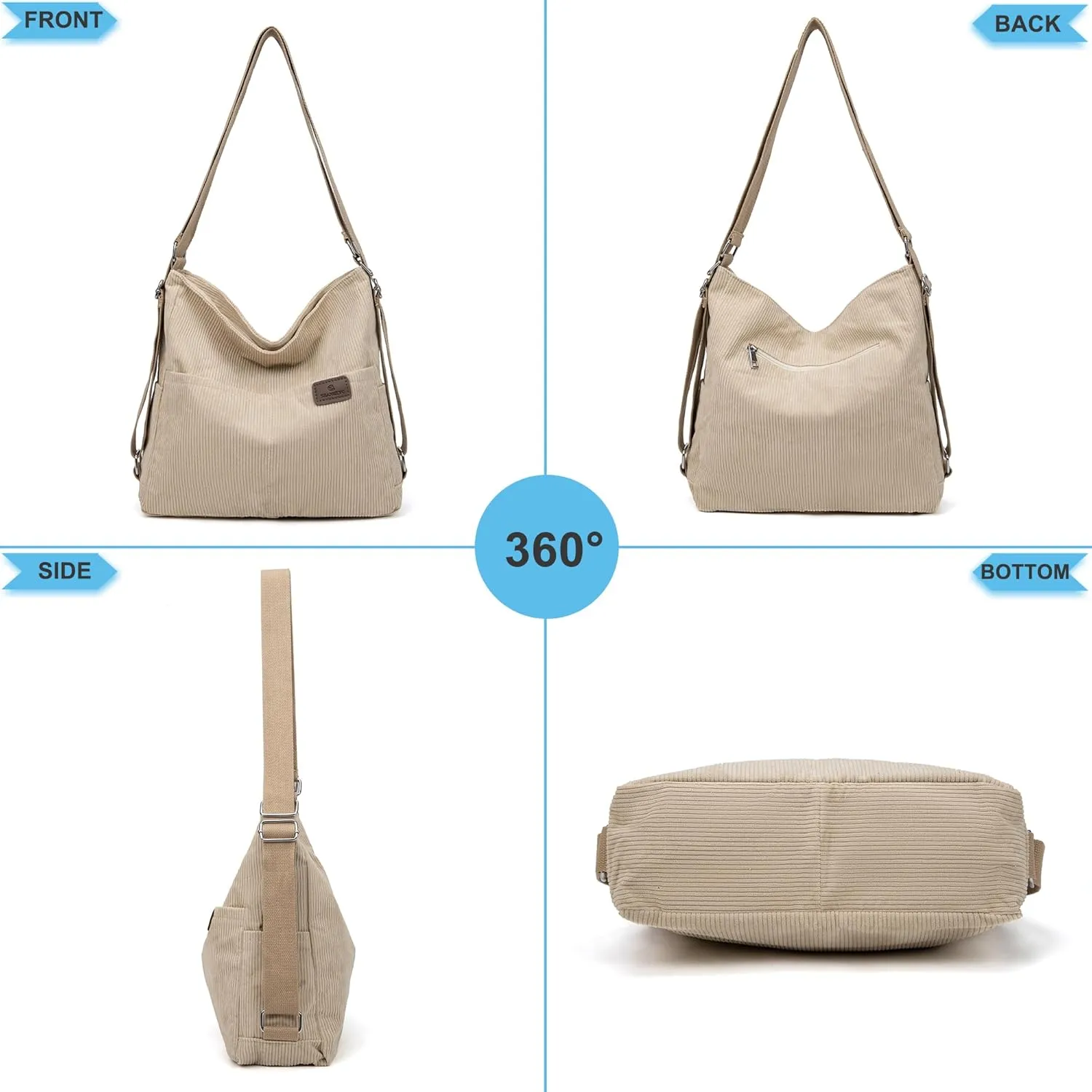 Corduroy Tote Backpack Crossbody Bag for Women, Convertible Shoulder Bags Designer Handbag for College, Work
