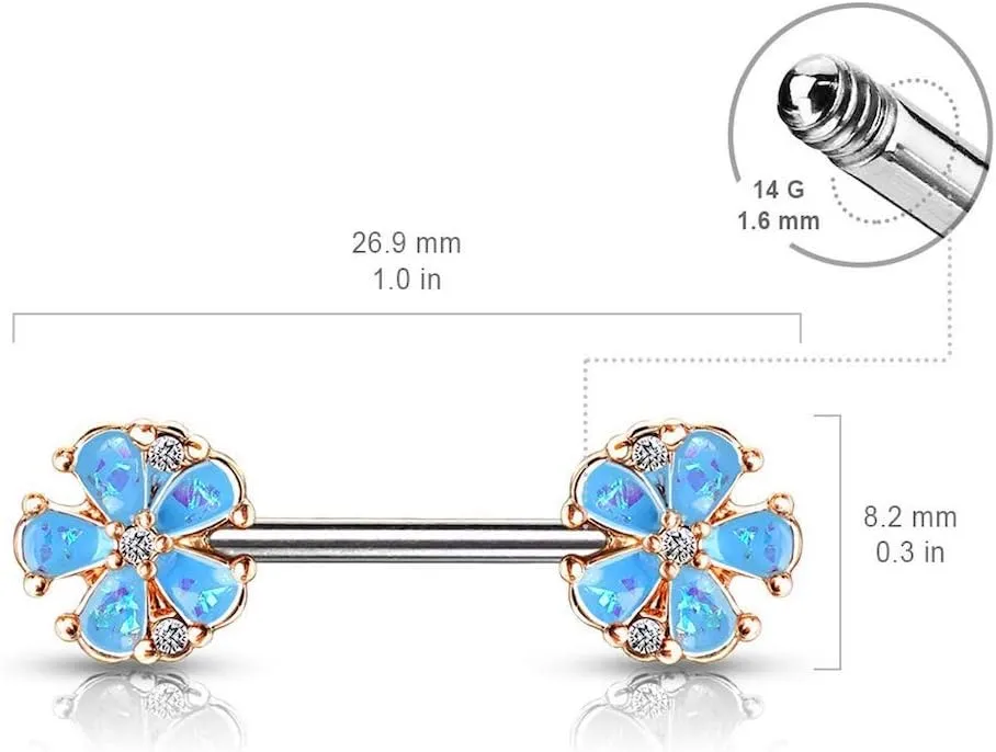 Covet Jewelry Opal Glitter Filled Rose Gold Plated 5 Petal Flower Ends 316L Surgical Steel Barbell Nipple Rings