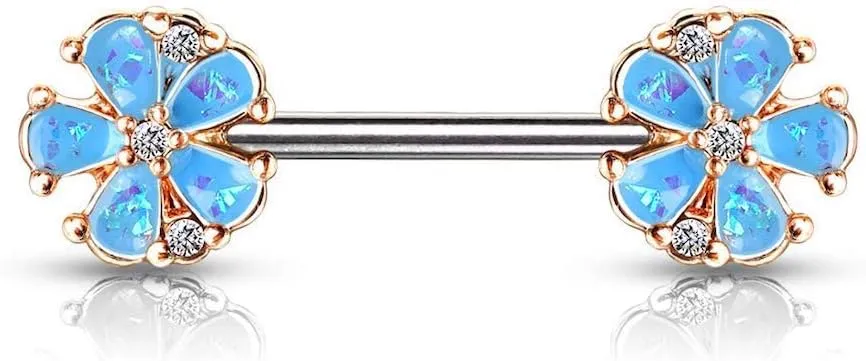 Covet Jewelry Opal Glitter Filled Rose Gold Plated 5 Petal Flower Ends 316L Surgical Steel Barbell Nipple Rings