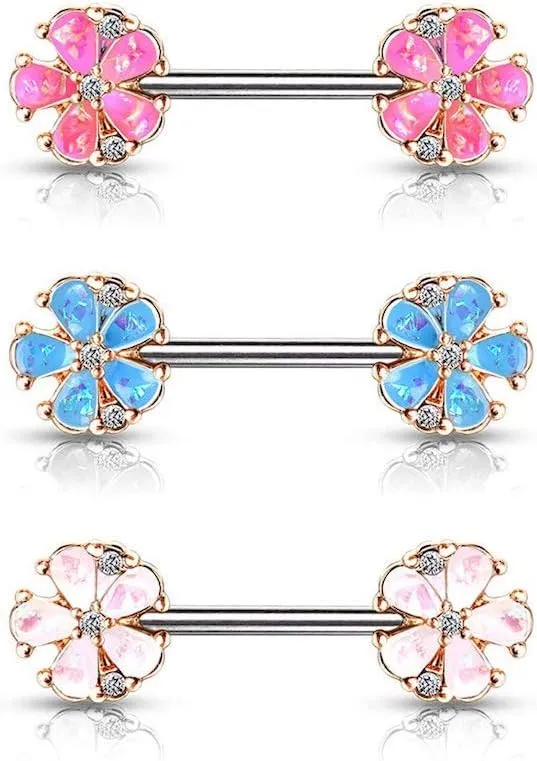 Covet Jewelry Opal Glitter Filled Rose Gold Plated 5 Petal Flower Ends 316L Surgical Steel Barbell Nipple Rings