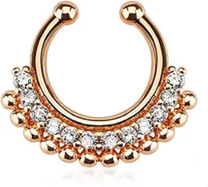 Covet Jewelry Paved Gem Fan Rose Gold IP Non-Piercing Fake Septum Ring